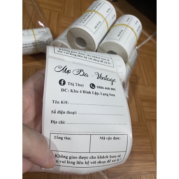 Set 100 Tem vận chuyển in sẵn 75x100mm thiết kế theo yêu cầu có keo dính bóc ra dán ngay. Hóa đơn nhiệt IN SẴN 75x100mm