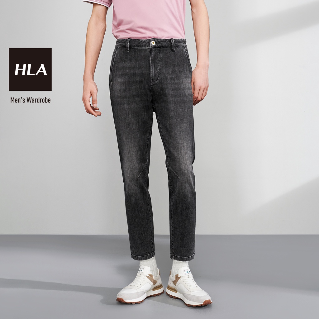 HLA - Quần Jeans Nam Fashion Black Cow Cropped Washed Feet Stretch Jeans
