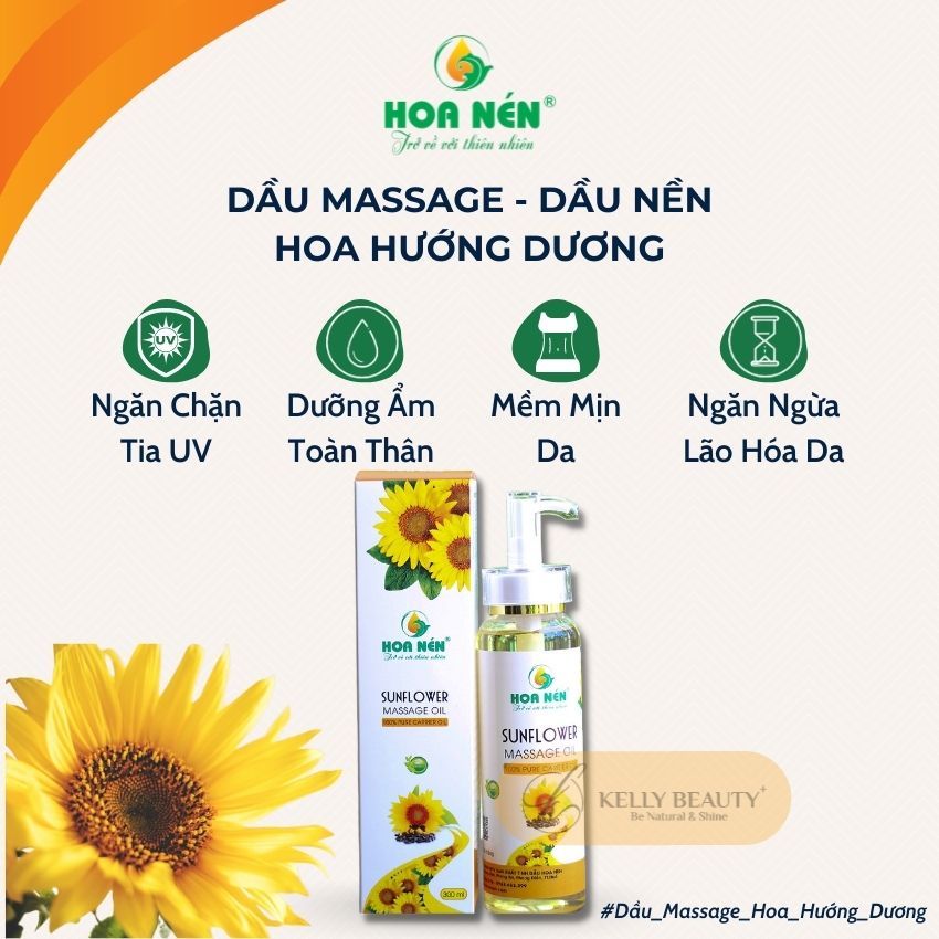 Dầu Massage Hoa Hướng Dương HOA NÉN 300ml - Giữ ẩm da, chống nắng, dưỡng tóc, giảm gãy rụng | KELLY BEAUTY