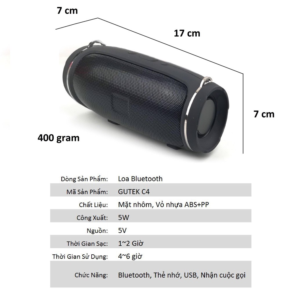 Loa Bluetooth Cầm Tay Nghe Nhạc Không Dây Để Bàn Nhỏ Gọn Cắm Usb Thẻ Nhớ Gutek Charge 4 Mini