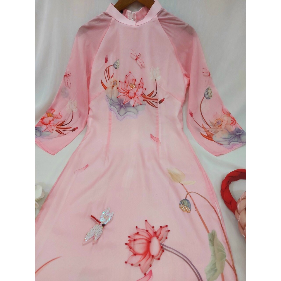 Áo dài cách tân 4 tà Hoa sen ⚡️Hàng Cao Cấp⚡️ tơ óng tiểu thư - Tây Phương