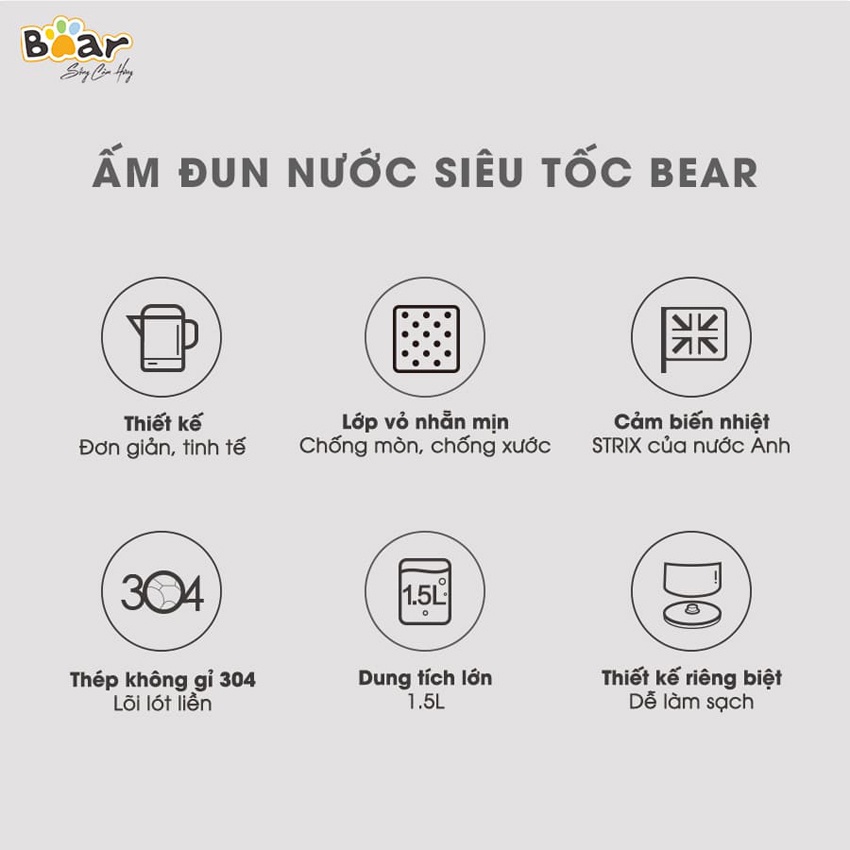 Ấm Siêu Tốc Bear ZDH-B15T1 dung tích 1.5 lít, công suất 1500W  (Hàng chính hãng 1 đổi 1 trong 30 ngày, bảo hành 18 tháng