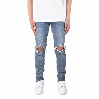 Quần jean nam streetwear cao cấp FNOS Z28 màu xanh rách gối form slimfit