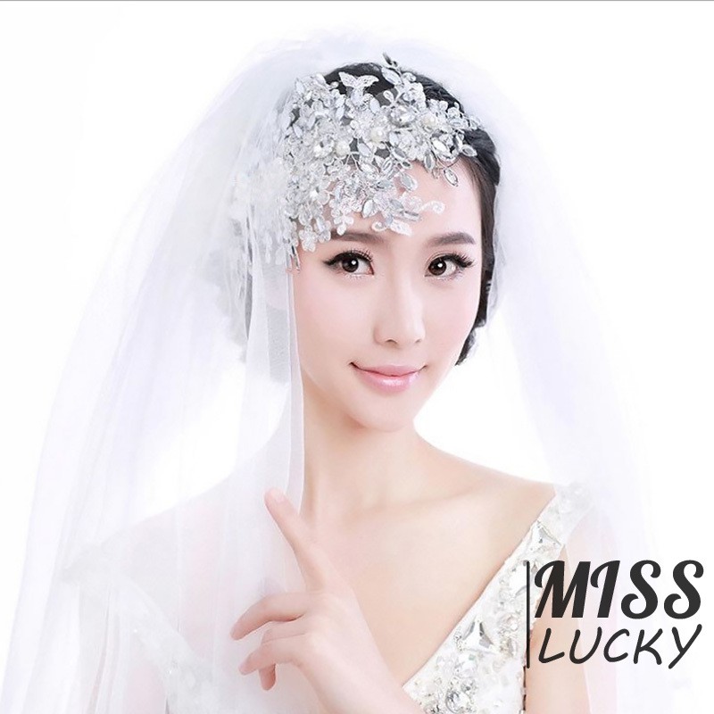 Cài tóc cô dâu dạng dây ruy băng đính ngọc trai thời trang