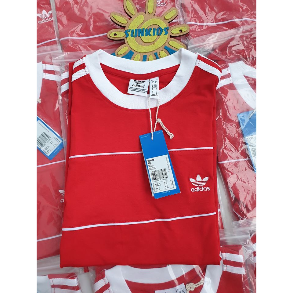 Áo Tee Shirt đỏ dòng Basic phối kẻ trắng