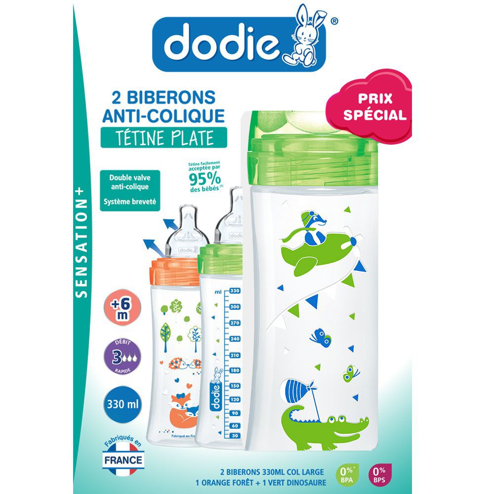 Bộ 2 bình sữa 330ml núm dẹt màu hỗn hợp Dodie