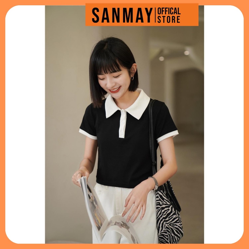Áo Polo Croptop Kiểu Nữ Tay Ngắn Có Cổ Sơ Mi Bẻ Phông Crt Thể Thao Classic Đẹp Đen Trắng SANJOLI AO015