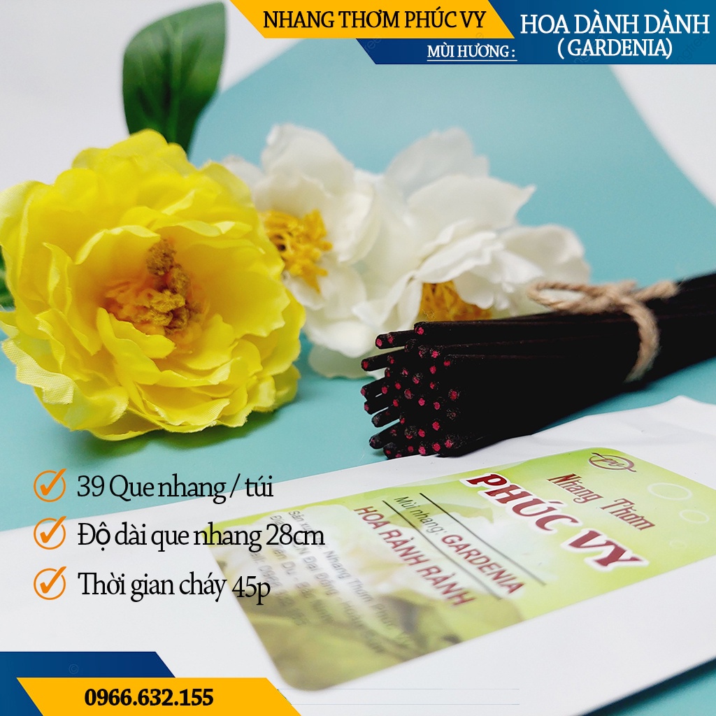 Nhang Thơm Phúc Vy Hương Hoa Dành Dành - Túi 39 Cây 28cm, Ít Khói, Thơm Nhẹ, Dễ Chịu, Không kích mũi