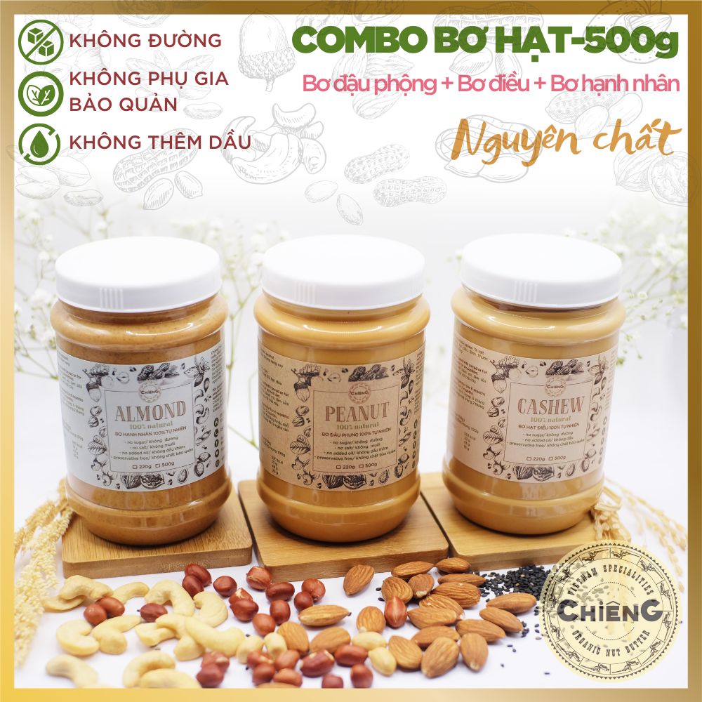 Combo 3 - 1 Bơ đậu phộng + 1 Bơ điều + 1 Bơ hạnh nhân - Bơ hạt không đường, Bơ hạt ăn kiêng, nguyên chất -220g/550g