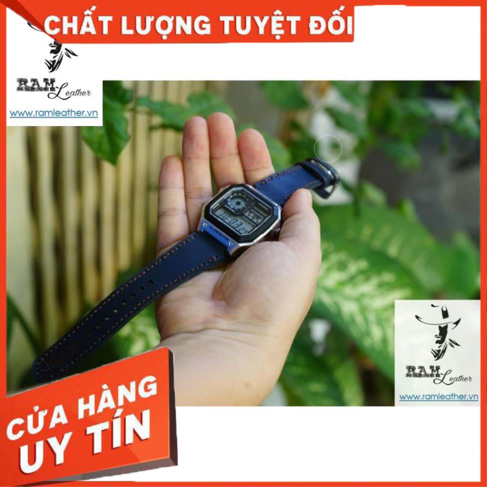 Dây Đồng Hồ Da Bò Thật Màu Xanh Navy - Ram 1993 Casio Ae 1200 / Seiko 5 - Ram Leather +