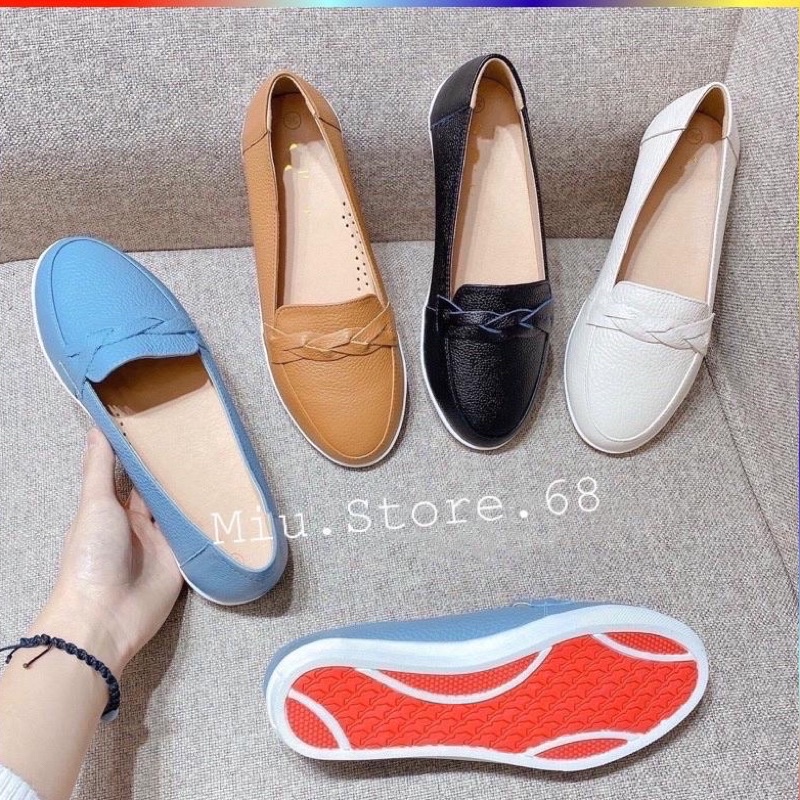 Giày slip on DA THẬT đế bánh mì VNXK, Giày lười đế bằng lót mút êm chân dễ phối đồ nữ, hàng Xuất xịn