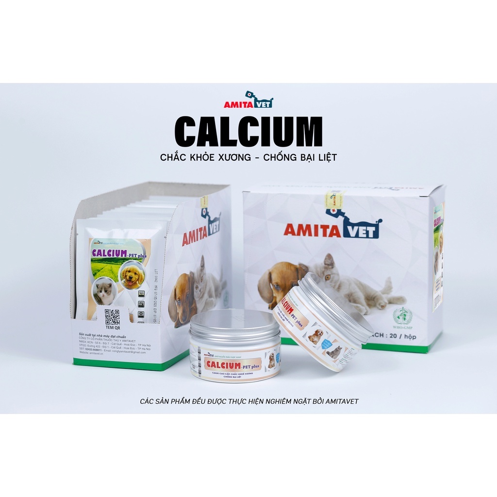 Bổ xung Canxi cho chó mèo CALCIUM vị phomai giúp chắm sóc thú cưng chắc khỏe phát triển xương tốt của AMITAVET 150g