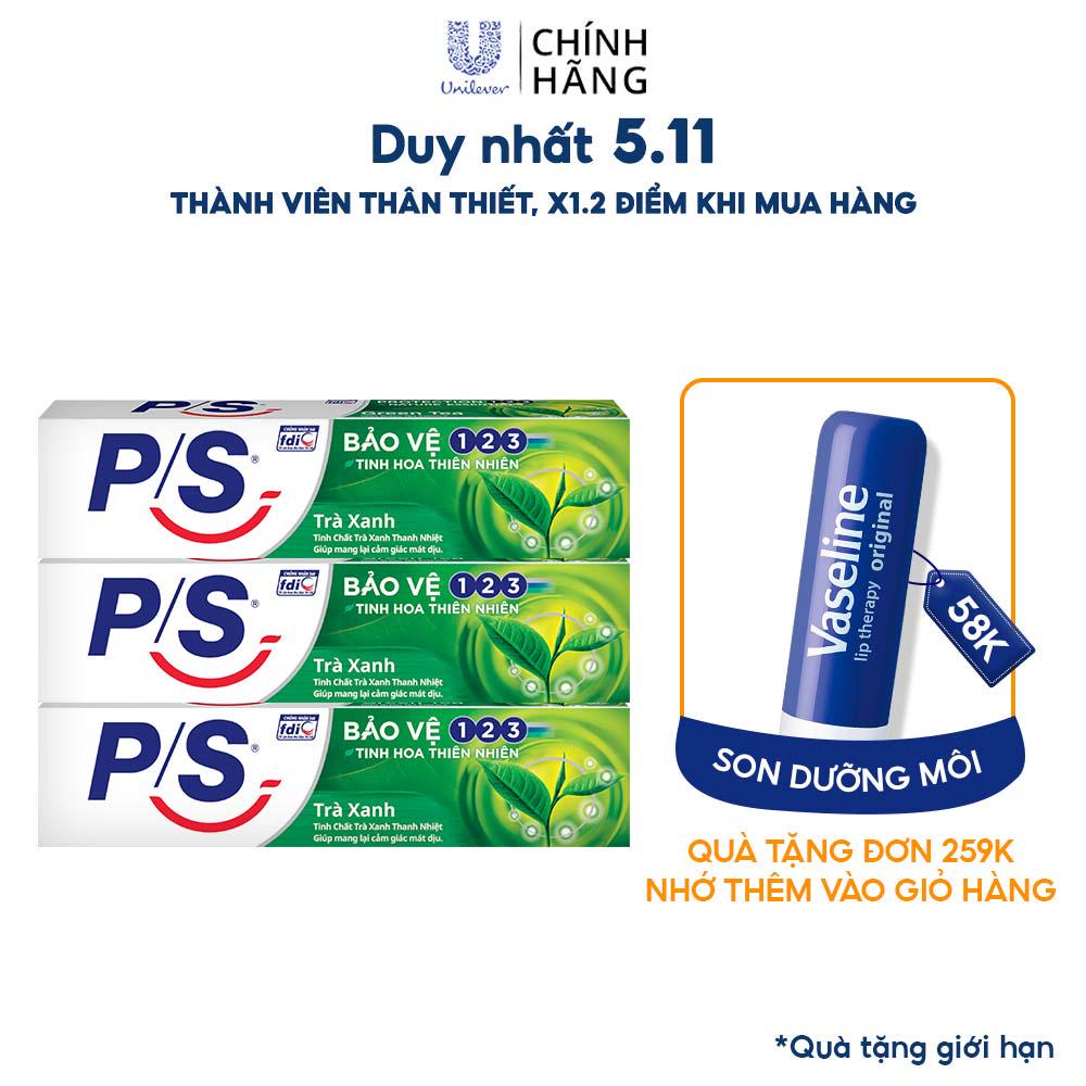 Combo 3 Kem Đánh Răng P/S Bảo Vệ 123 Trà Xanh với tinh chất trà xanh thanh nhiệt 240g