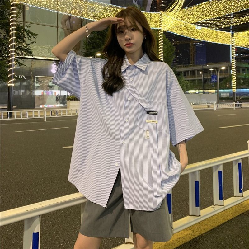 Áo Sơ Mi Tay Ngắn Dáng Rộng Họa Tiết Kẻ Sọc Thời Trang Hàn Quốc Cho Nữ