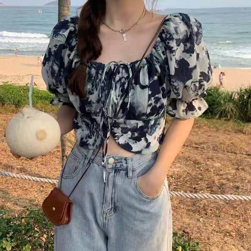 Áo croptop BH nhuộm màu ống tay phồng thời trang mùa hè 2021 cho nữ