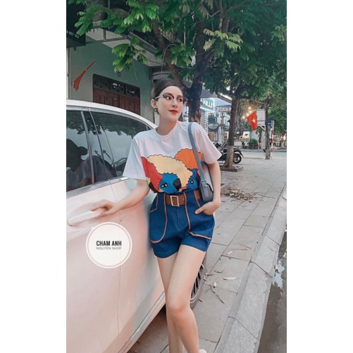 Set Áo Cô Gái Mix Quần Short Xanh Kèm Thắt Lưng