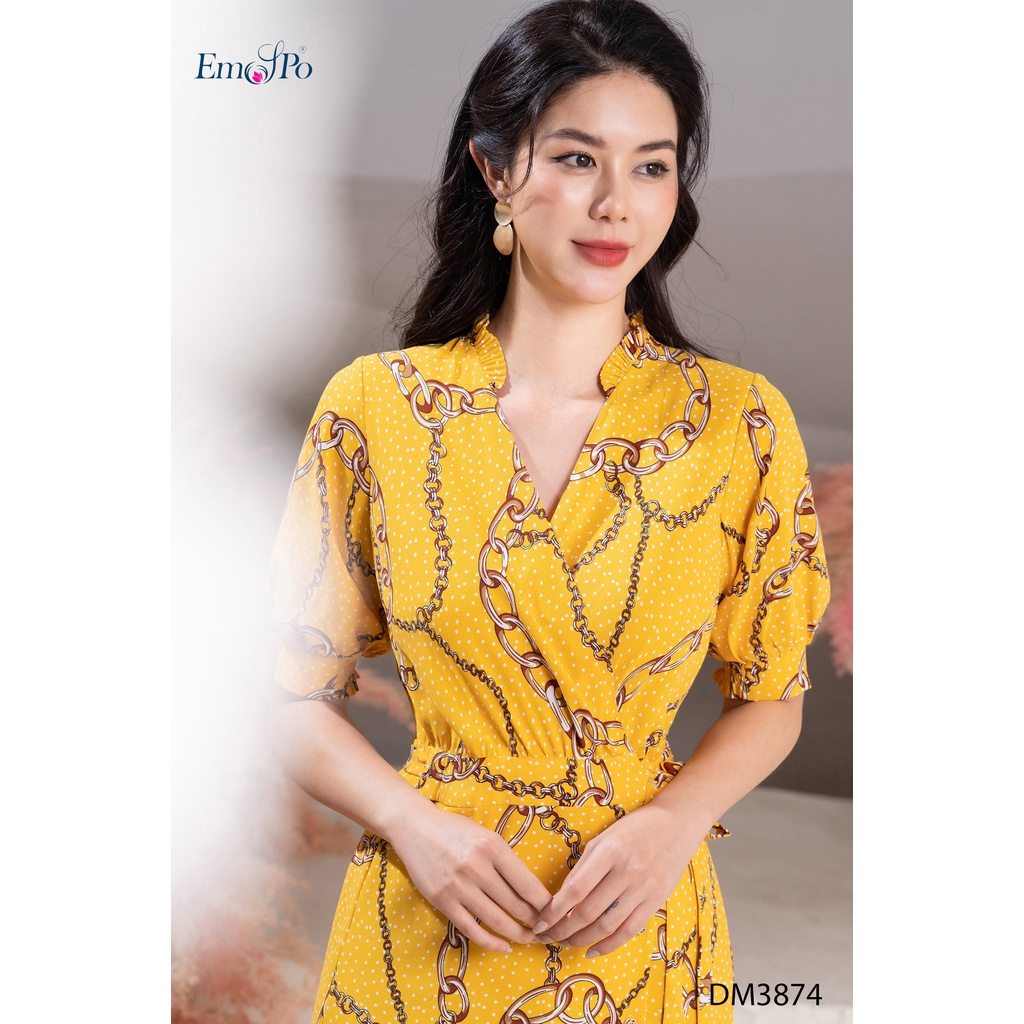 Đầm xòe họa tiết, thắt đai eo, tay bồng phối chun Emspo DM3874 (Tím than, Vàng)