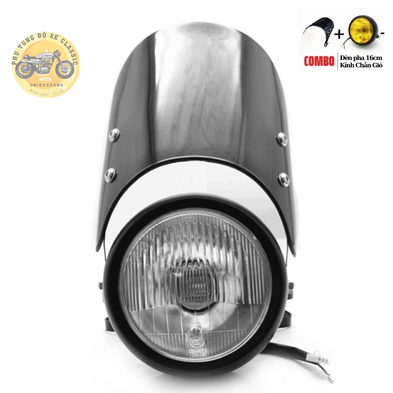 Combo đèn pha độ 16cm cùng kính chắn gió và bộ pat gắn đèn vào phuộc dùng độ xe CLASSIC