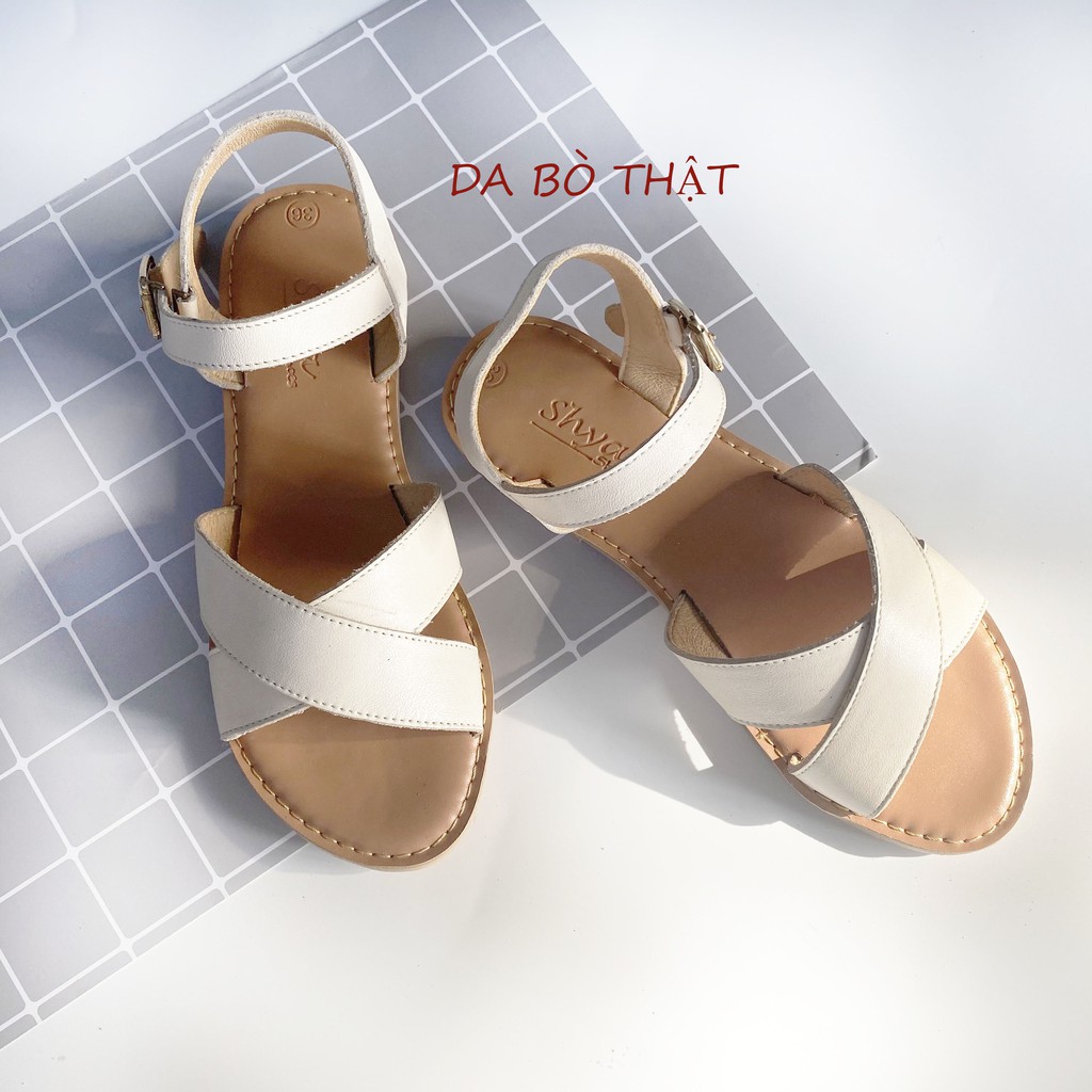 Giày sandal đế bệt chất DA BÒ, mũi tròn, quai hậu, khóa cài phù hợp đi học, công sở hàng ngày S006