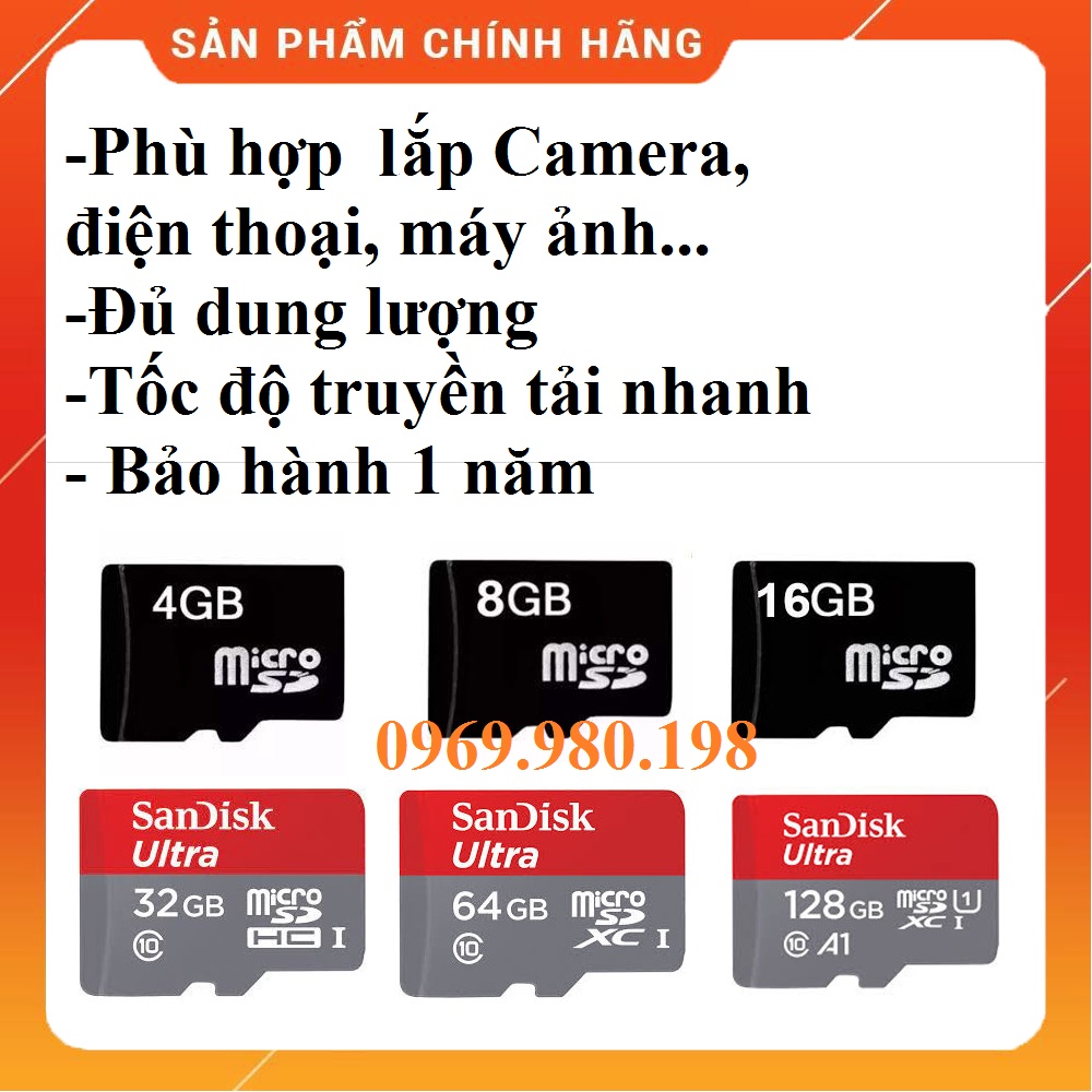 Thẻ nhớ 4G/8G/16G/32G/64G microSD chính hãng đủ dung lượng tốc độ nhanh,thẻ nhớ lắp camera giá rẻ,