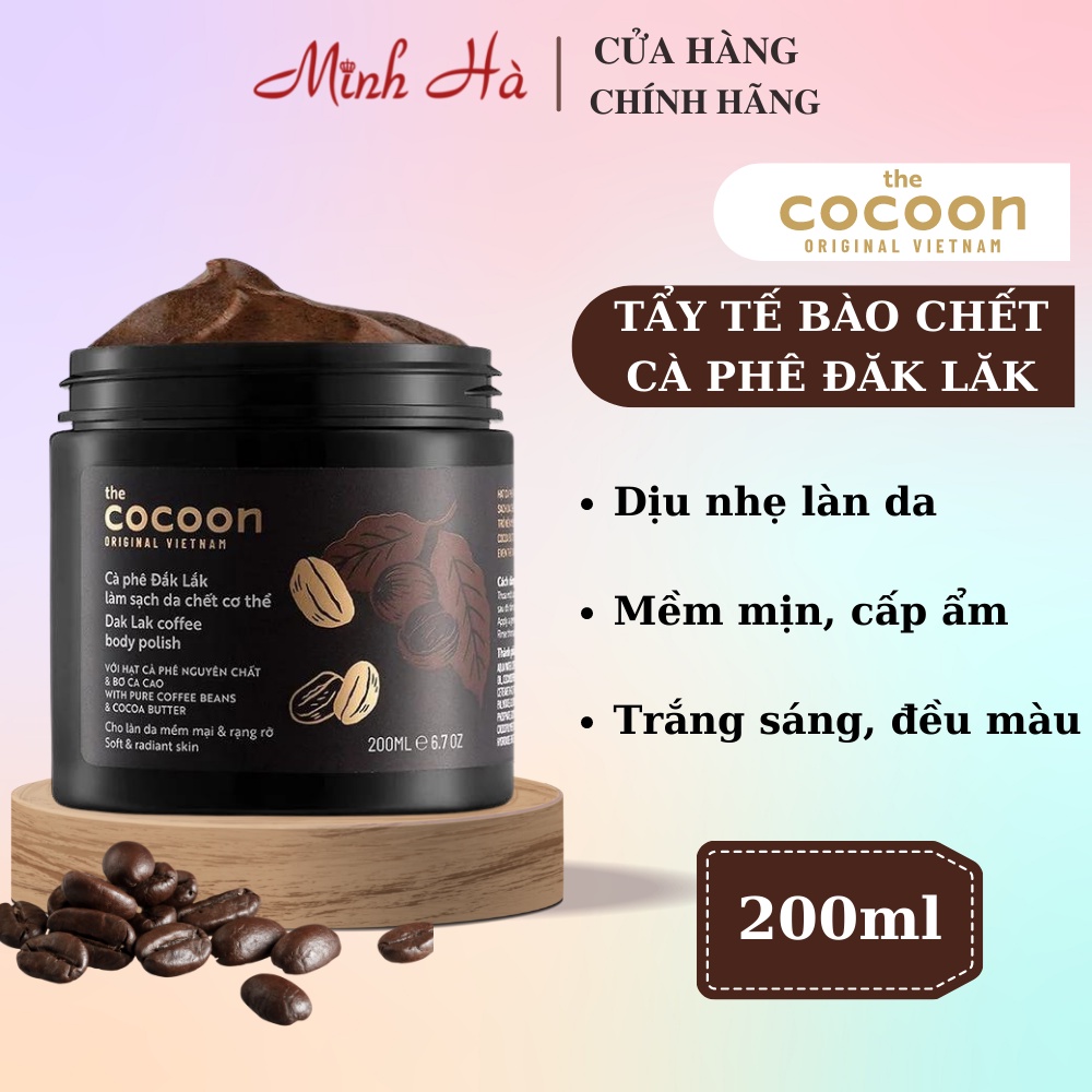 Tẩy tế bào chết toàn thân cà phê Cocoon Dak Lak Coffee Body Polish 200ml dịu nhẹ, mềm da