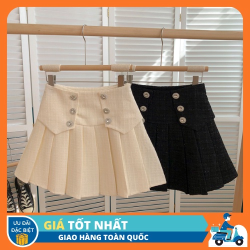 Chân váy Tweed xếp ly dáng chữ A phối khuy