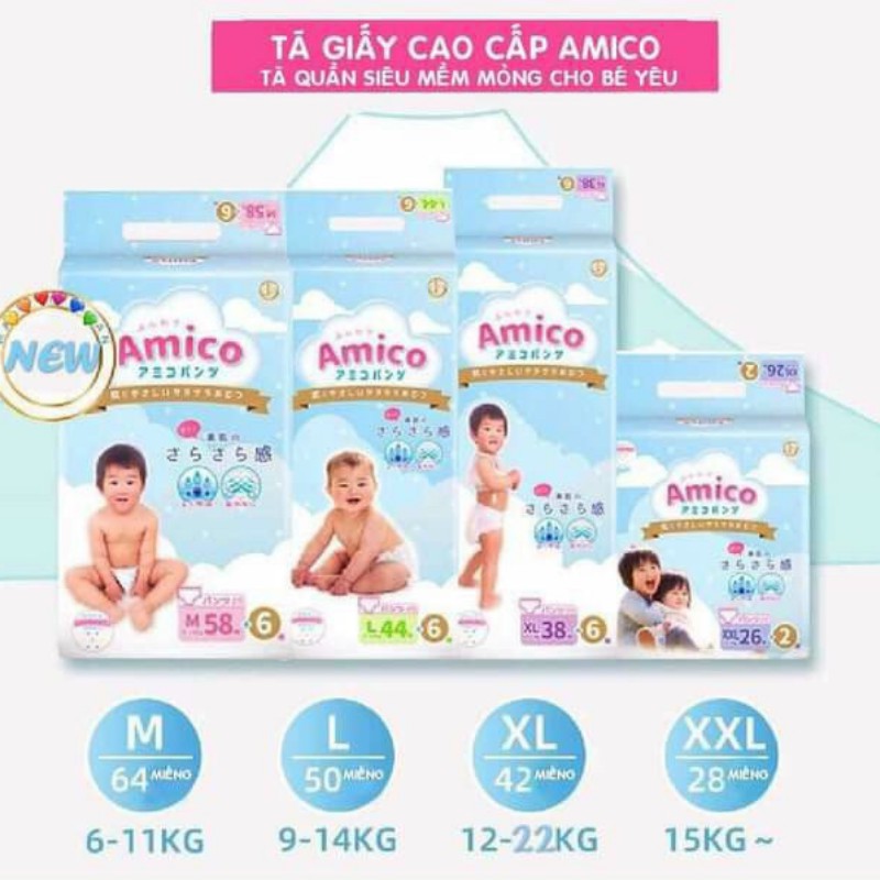 Tã Bỉm Quần AMICO Nội Địa Nhật Cao Cấp cho bé M64/L50/XL44/XXL28