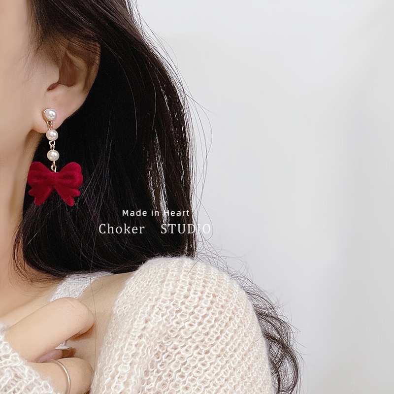 Đôi khuyên tai hình nơ đính ngọc trai giả thời trang dành cho nữ