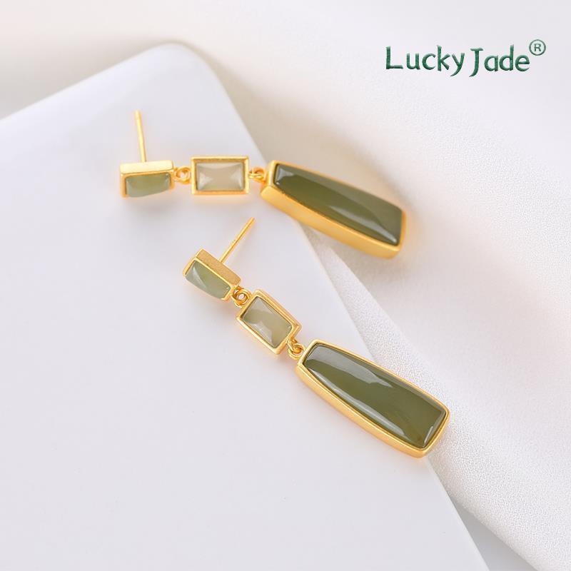 Bông Tai Bạc 925 Đính Đá Ngọc Bích Màu Xám Xanh Lá Phong Cách Retro Thời Trang