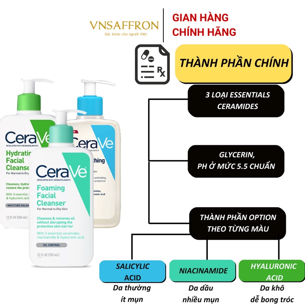 Sữa rửa mặt Cerave Foaming Facial Cleanser bản Mỹ và Pháp Cerave da dầu & Da Khô các size 236ml - 355ml - 473ml