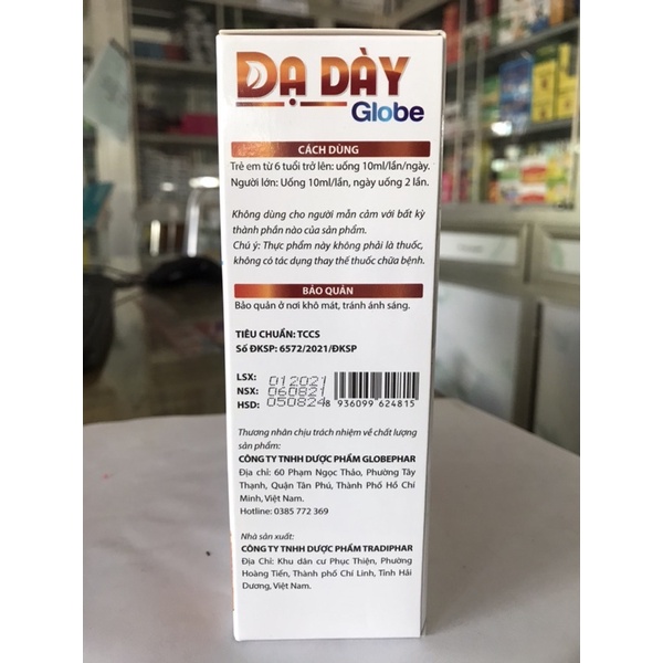 DẠ DÀY GLOBE Chiết xuất Cao dạ cẩm, Cao lá khôi, Nano curcumin - Hộp 20 gói x 10ml