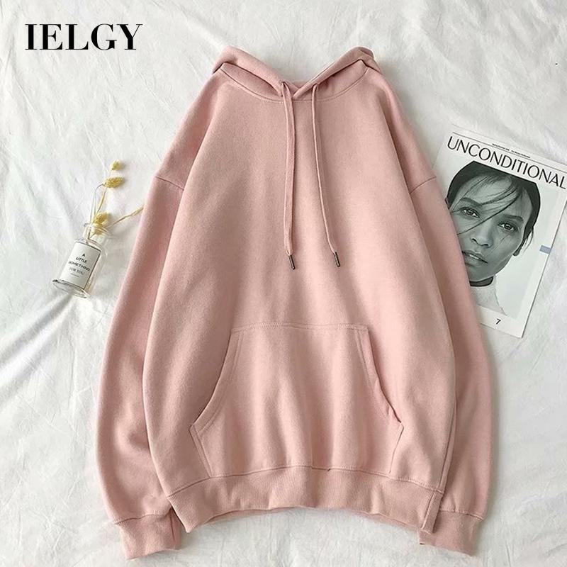 Áo hoodie IELGY tay dài cổ tròn dáng rộng màu trơn phong cách đơn giản dành cho nữ