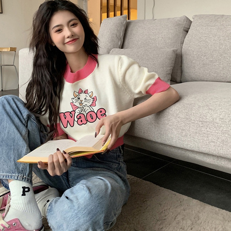 Áo Thun Crop Top Dệt Kim Tay Ngắn In Họa Tiết Mèo Hoạt Hình Đính Nơ Phong Cách Harajuku Cho Nữ