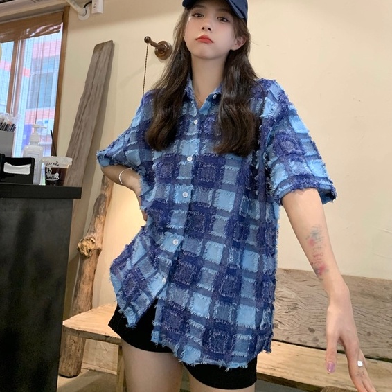 【ZHELIHANGFEI】Áo Sơ Mi Nữ Tay Ngắn Dáng Rộng Họa Tiết Caro Dễ Phối Đồ