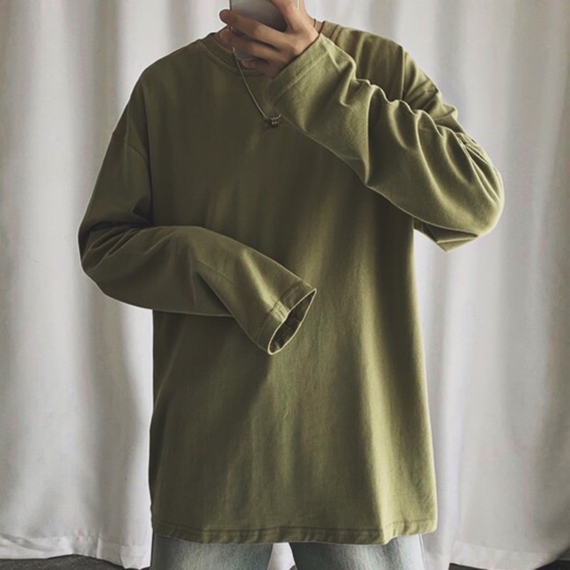 ÁO THUN XANH RÊU TAY DÀI (có hình chụp thật)