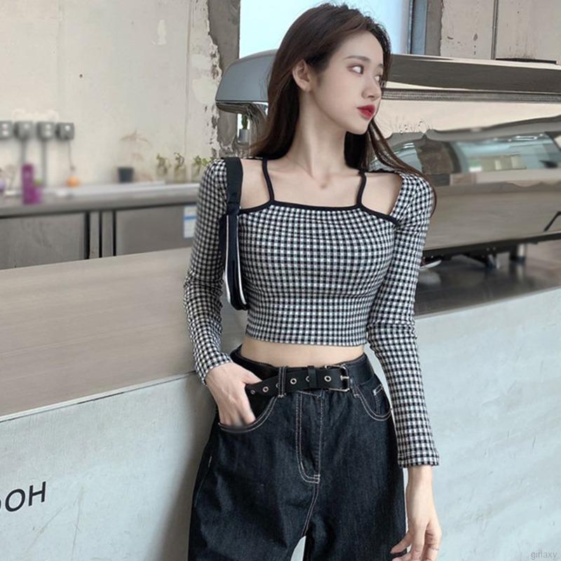 Áo Lửng Tay Dài Trễ Vai Họa Tiết Ca Rô Gợi Cảm Cho Nữ | BigBuy360 - bigbuy360.vn