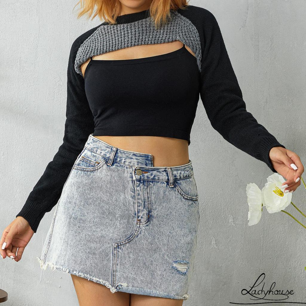 Áo Sweater Lửng Tay Dài Cổ Tròn Cắt Xẻ Màu Xám Ghép Vải Shrug Dành Cho Bạn Nữ LDD