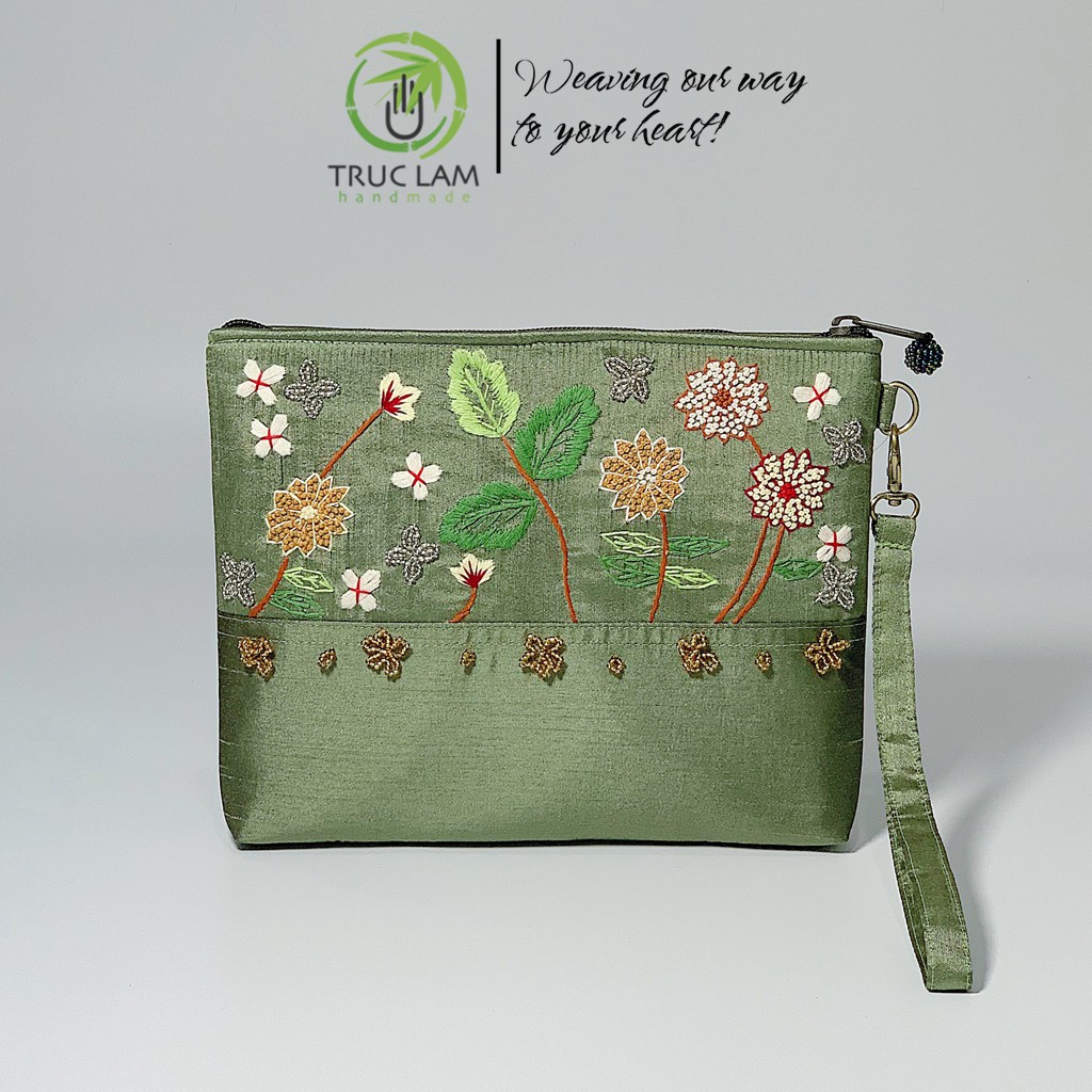 Ví Cầm Tay Đựng Ipad Clutch Vải Tafta Thêu Cành Hoa Hạt Cườm Thủ Công Cỡ Bé - Trúc Lâm Handmade