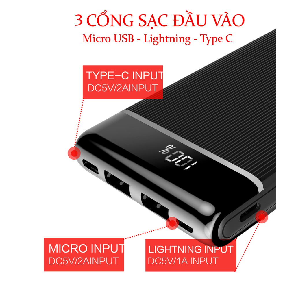 Pin Sạc dự phòng 10000mAh mini mỏng gọn có màn hình hiển thị phần trăm pin, cổng USB 2A, FENGZHI J352