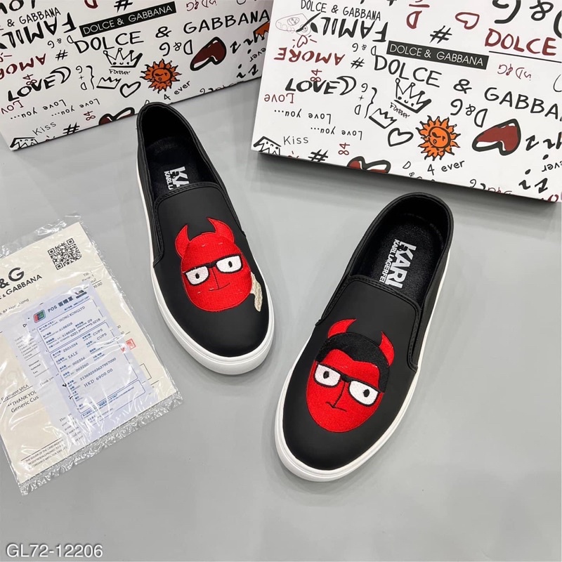 Giày slipon lười da nam Dolce thêu hình mặt quỷ đỏ đeo kính đế cao su đúc cao su êm siêu êm