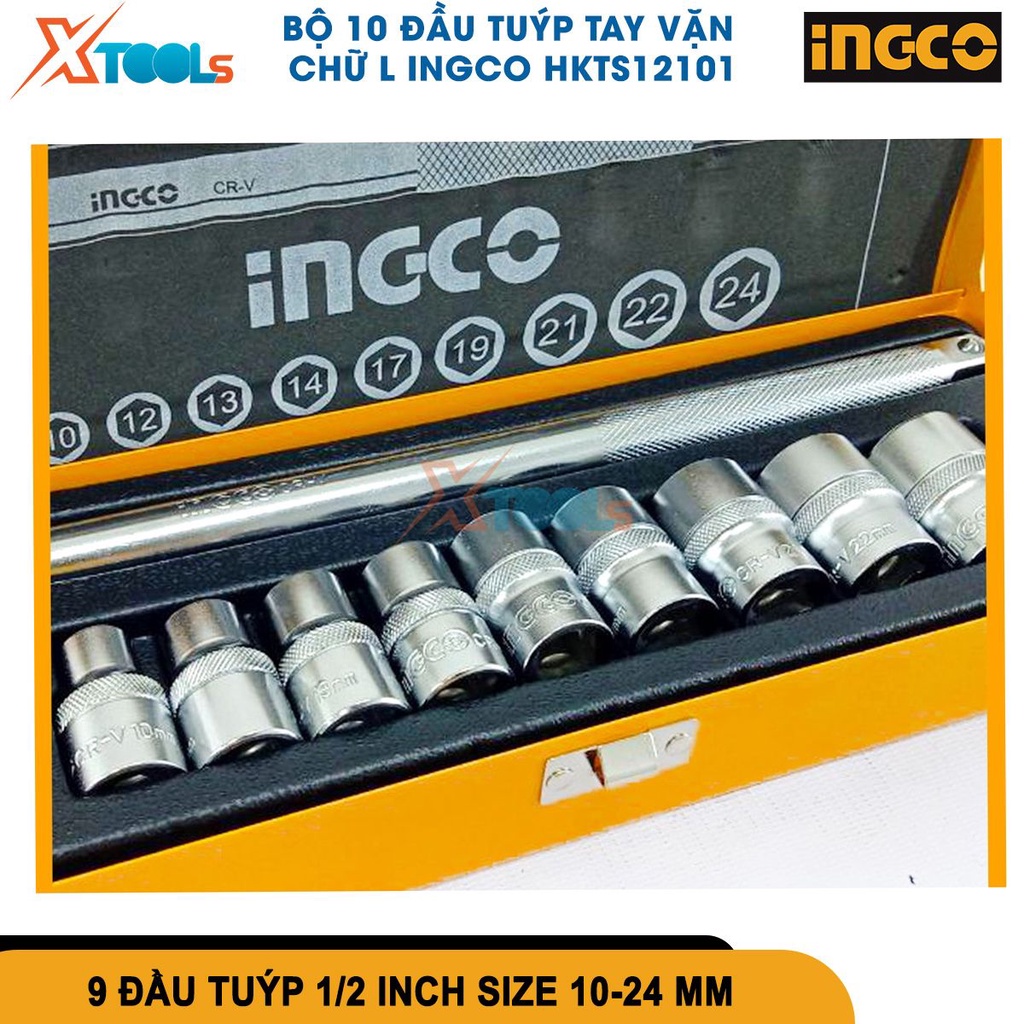 Bộ 10 đầu tuýp tay vặn chữ L 1/2 inch INGCO HKTS12101 bộ đầu tiếp và cần siết lực 10-24mm thép CR-V [CHÍNH HÃNG][XTOOLS]