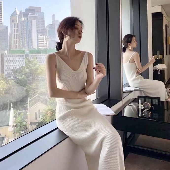 Đầm midi SUXI hai dây dệt kim cổ chữ V dáng ôm đơn giản quyến rũ thời trang mùa hè dành cho nữ