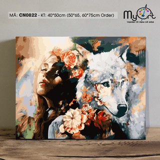 Tranh sơn dầu số hóa Mã CN0822 Tranh tô màu theo số Cô gái và chó sói Con người và thiên nhiên Painting by numbers