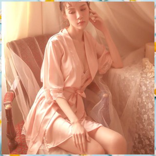 Áo Choàng Kimono Lụa Phối Ren + Dây Thắt Eo - Hàng Nhập Cao Cấp (Màu cam sữa - không kèm váy bên trong) | S Lady