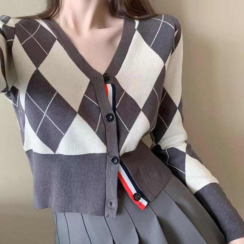 Áo khoác len cardigan mỏng dáng ngắn họa tiết kẻ sọc thời trang cho nữ