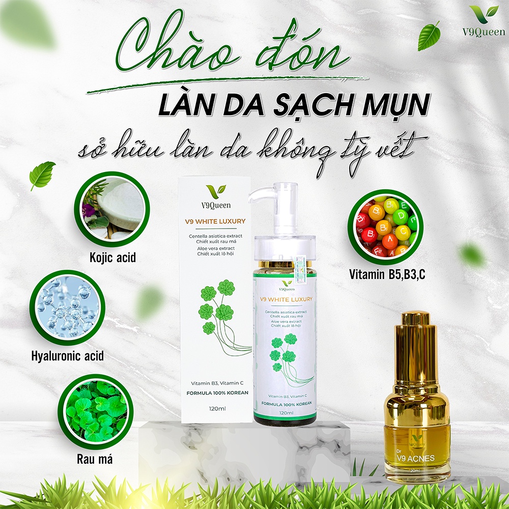 [BỘ ĐÔI] Tinh chất rau má V9Queen, serum giảm mụn 20ml + sữa rửa mặt tạo bọt dịu nhẹ 120ml