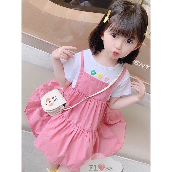 Váy bé gái - Váy giả yếm vải thô họa tiết 3 bông hoa siêu xinh cho bé 1-5 Tuổi