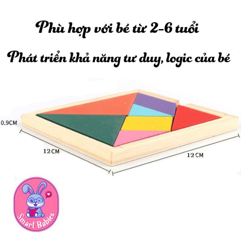 Đồ chơi trí uẩn Tangram 12x12cm, đồ chơi xếp gỗ montessori thông minh trí tuệ cho bé