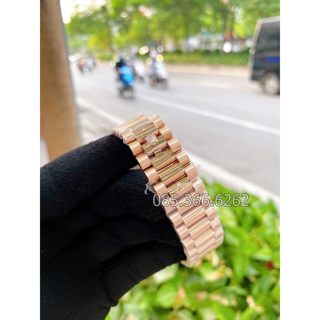 Đồng hồ nam Rolex cơ Automatic máy nhật mẫu Classic 2 lịch nâu cafe viền đá dây vàng hồng size 40-41mm
