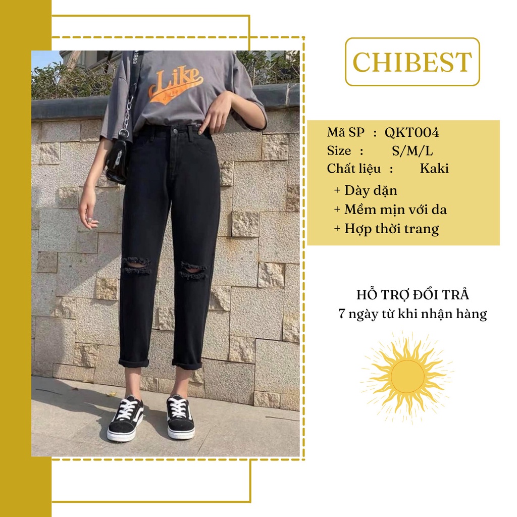 Quần baggy kaki rách gối 004 Quần Jean nữ ống đứng đai cao đẹp cao cấp CHIBEST QKT004